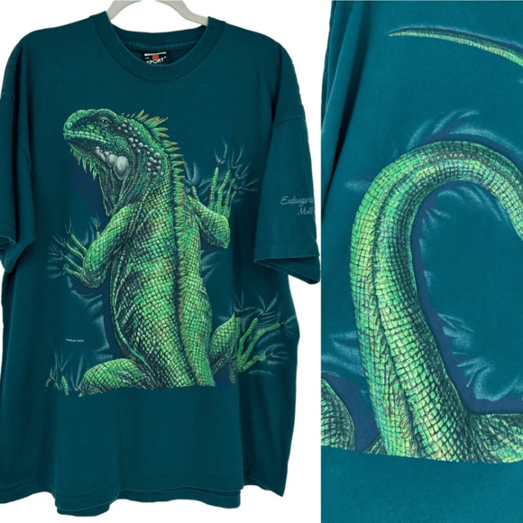 Vintage 90s Habitat Mens 2XL T-shirt Green Allover Lizard Print Single Stitch - Picture 1 of 13